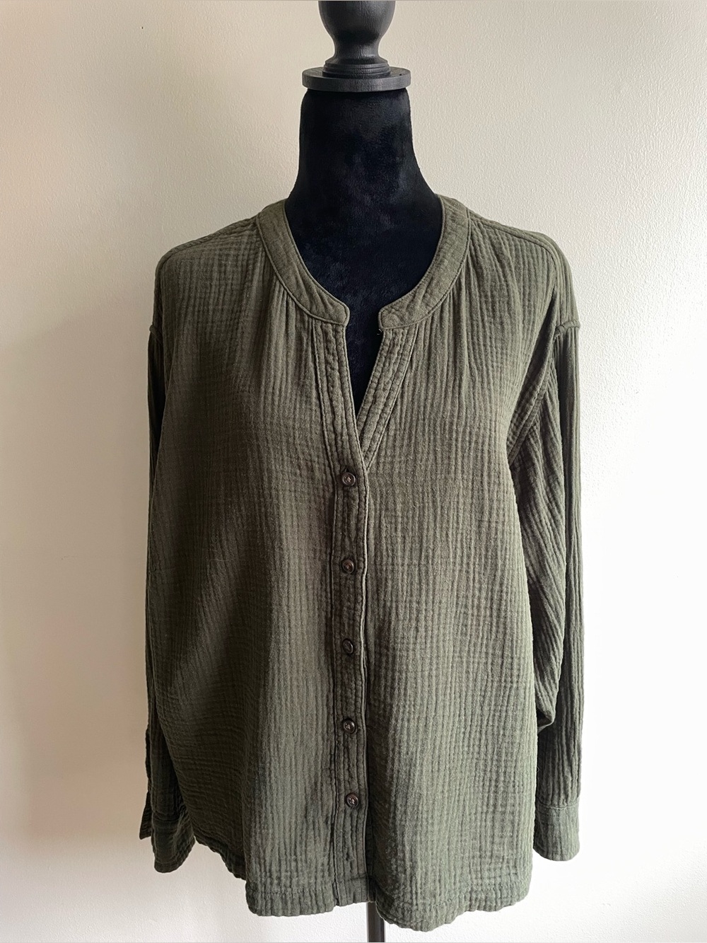Joe Fresh+ 1X Olive Green Double Gauze Cotton Button Front Blouse Relaxed Fit